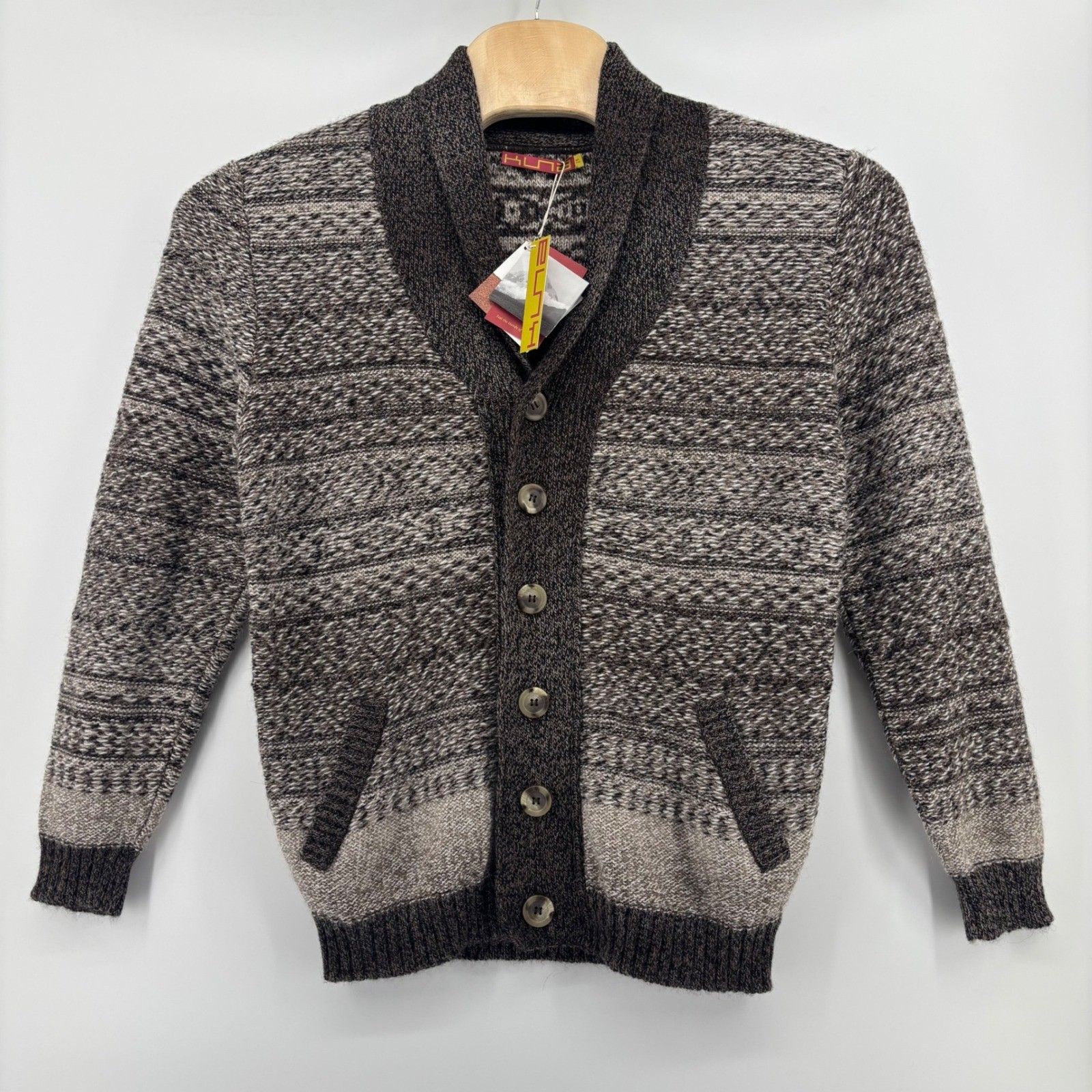 Kuna Kiosko Cardigan Mens M Brown 100% Baby Alpaca Shawl Collar Nwt Cardigan — image 3 of 8